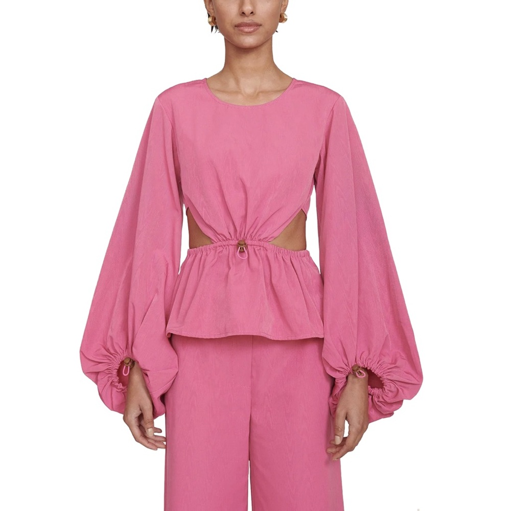 STAUD Hot Pink Peplum Blouse with Balloon Sleeves NWT